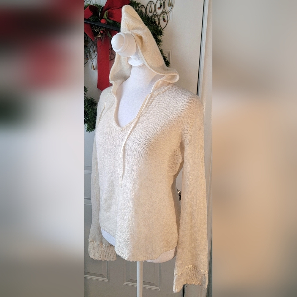 Y2K Hooded Babydoll Sweater Womens L Ivory Open Knit Bell Sleeve Wool Blend Cozy - Picture 2 of 10
